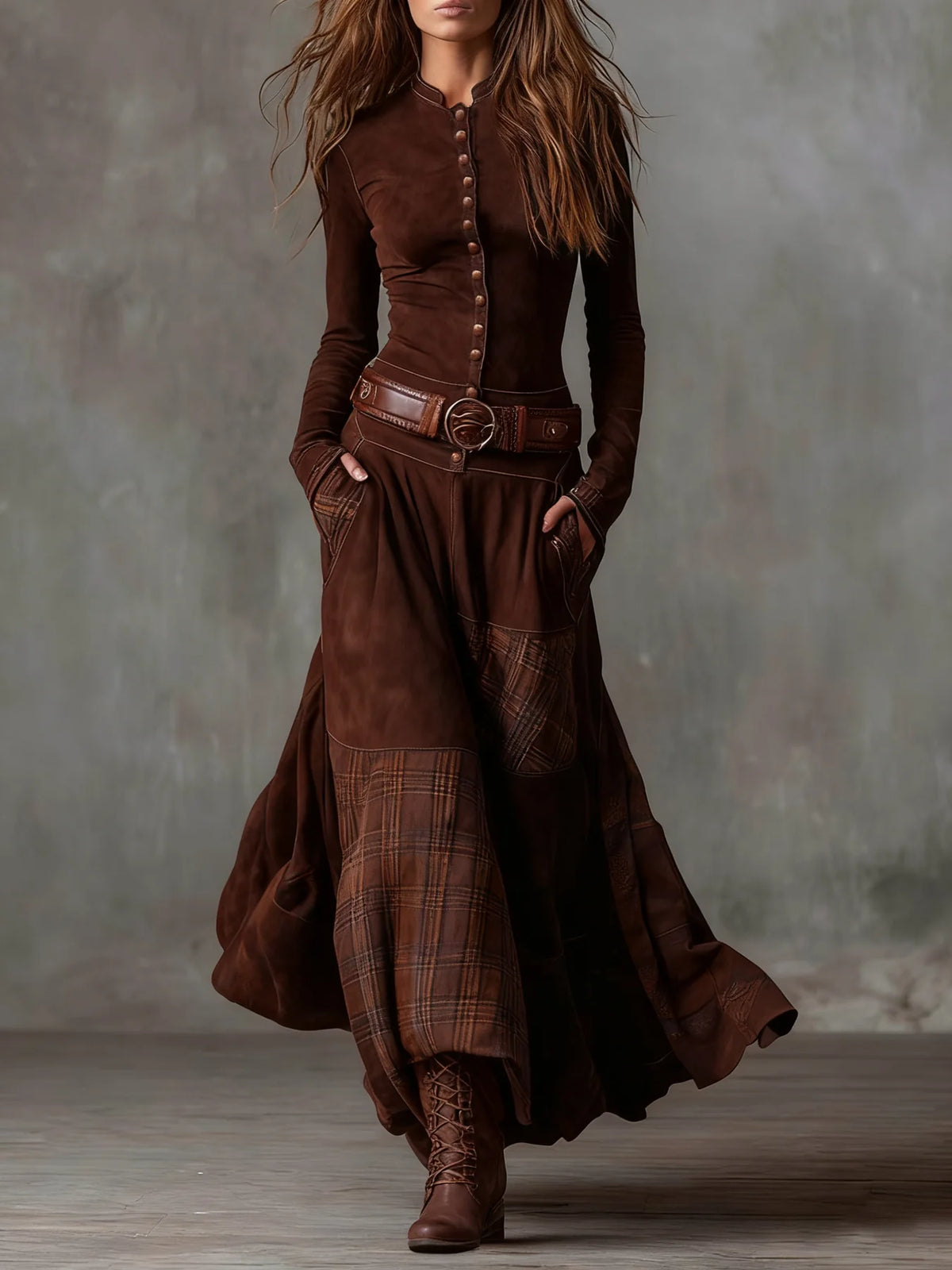 Castell | Vestido Largo con Cinturón y Textura Aterciopelada